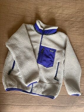 Patagonia Kids Cream Sherpa Jacket with Purple Accents